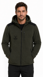 Ciepły polar męski z kapturem- Baranek Hunter- Gruby- Khaki+Czarny