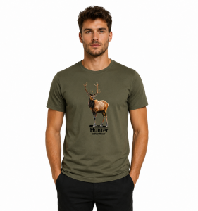 T-SHIRT myśliwski HUNTER- khaki- 100% bawełna - motyw jelenia