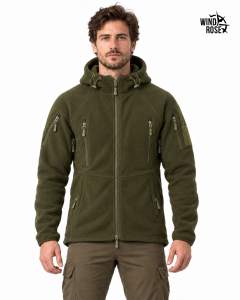 GRUBY Męski polar Militarny z kapturem- KHAKI- Dużo kieszeni! 420 g/m2 